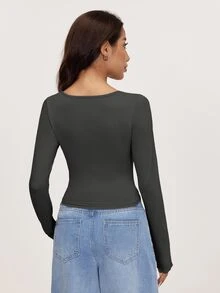SHEIN BASICS 3件組純色針織長袖修身圓領短版女款T恤上衣，黑色、灰色、白色，秋季基礎款，適合日間辦公、日常休閒穿搭 - 彩色 - 查看 8