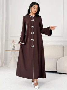 Al Najma Women's Bow Decor Minimalist Arabian Dress - Brown - View 3