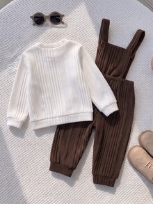 SHEIN 男嬰秋冬毛衣 2 件套 白色與棕色，適合節日、萬聖節、聖誕禮物 - 白色 - 查看 2