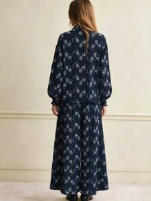 Écloséra Women's Spring/Autumn 2 Pieces Set, Loose Collar Printed Shirt With Layered Maxi Skirt, Vintage Bohemian Floral Print, Suitable For Daily Commute, Travel And Gatherings - Navy Blue - View 3