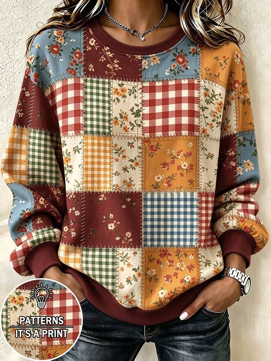Bytebia Bytebia 女款拼接花卉格紋印花運動衫，圓領長袖套頭上衣，休閒復古鄉村風，適合秋冬日常戶外穿著 - 彩色 - 查看 1