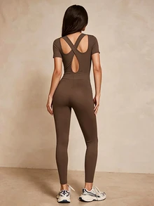 Eassivo Women's Mocha Sculpting Short Sleeve Cutout Back Cross Jumpsuit - Multicolor - View 4