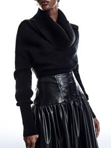 LYSMO Women's Autumn/Winter High Neck Solid Color Drop Shoulder Long Sleeve Casual Sweater - Black - View 9