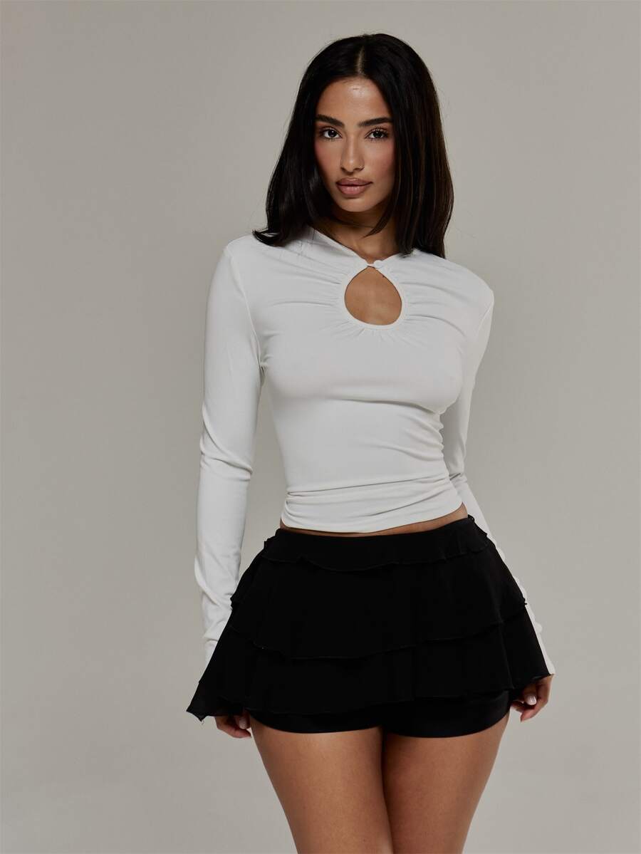 MUSERA White Long Sleeve Keyhole Cut Out Top Autumn Fall Winter Halloween Christmas Everyday Basics - White - View 1