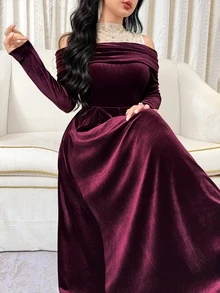 Feyla New Premium Elegant Lace Patchwork Luxury Long Dress For Banquet - Purple - View 5
