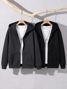 SHEIN 青少年男孩純色拉鍊休閒日常長袖秋季運動衫 - 彩色 - 查看 1