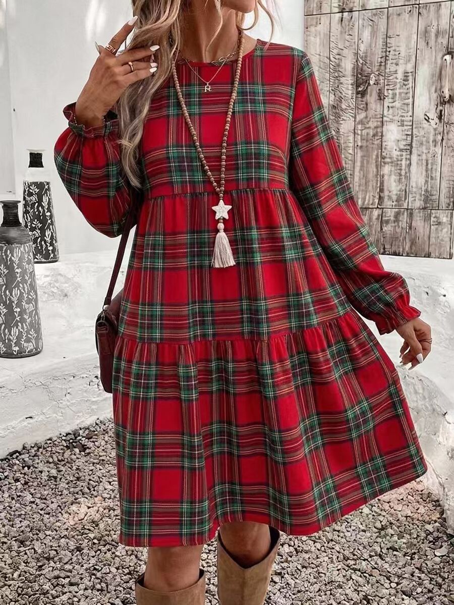 SHEIN VCAY 聖誕新年秋冬新款休閒簡約格紋圓領女款寬鬆中長洋裝 - 紅色 - 查看 1