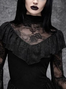 Cryptelle Women's High Elastic Ruffle Trim Lace Mesh Bell Sleeve Short Mini Dress Autumn/Winter Black Gothic Style Halloween Outfit Costume Party Night - Black - View 4