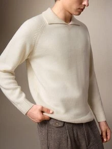 Calmiston 男士極簡百搭羅紋長袖針織衫 - 米色 - 查看 4