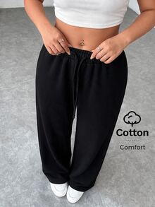SHEIN PETITE CURVE Quần dài casual size lớn màu trơn phong cách tối giản, cạp rút dây, có túi, cho mùa thu - màu đen - Xem 5