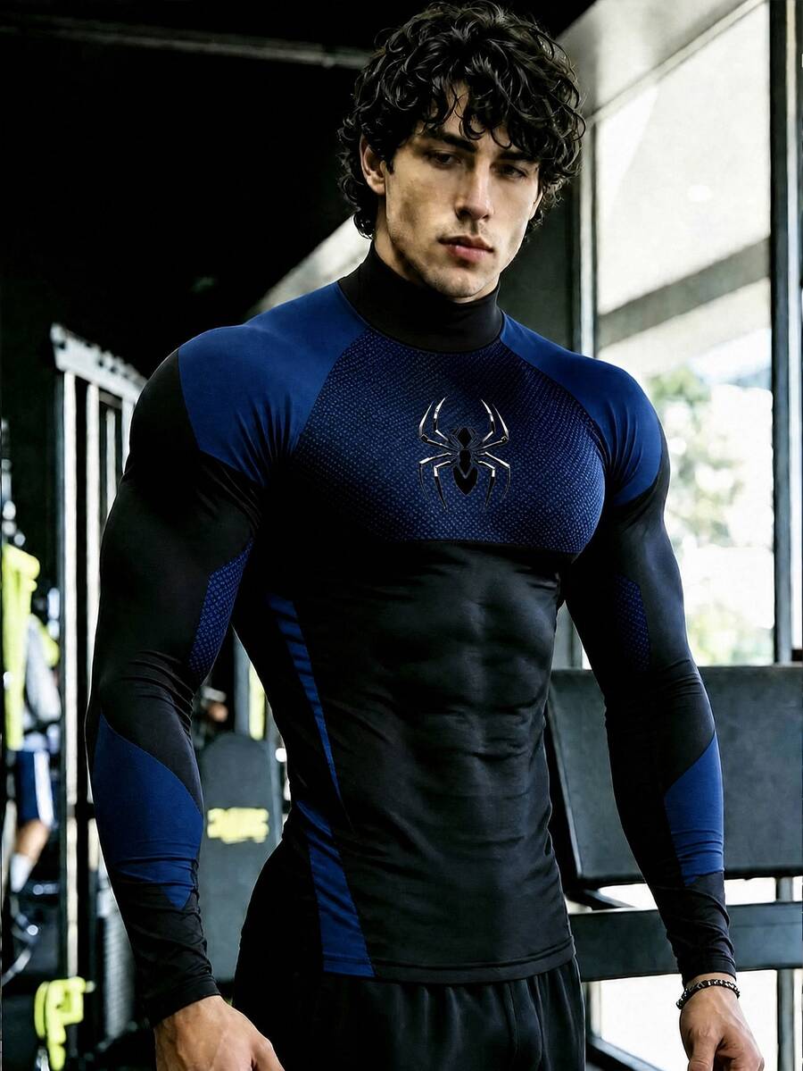 GymBeat 男士蜘蛛圖案插肩袖長袖運動T恤,健身房穿著 - 彩色 - 查看 1