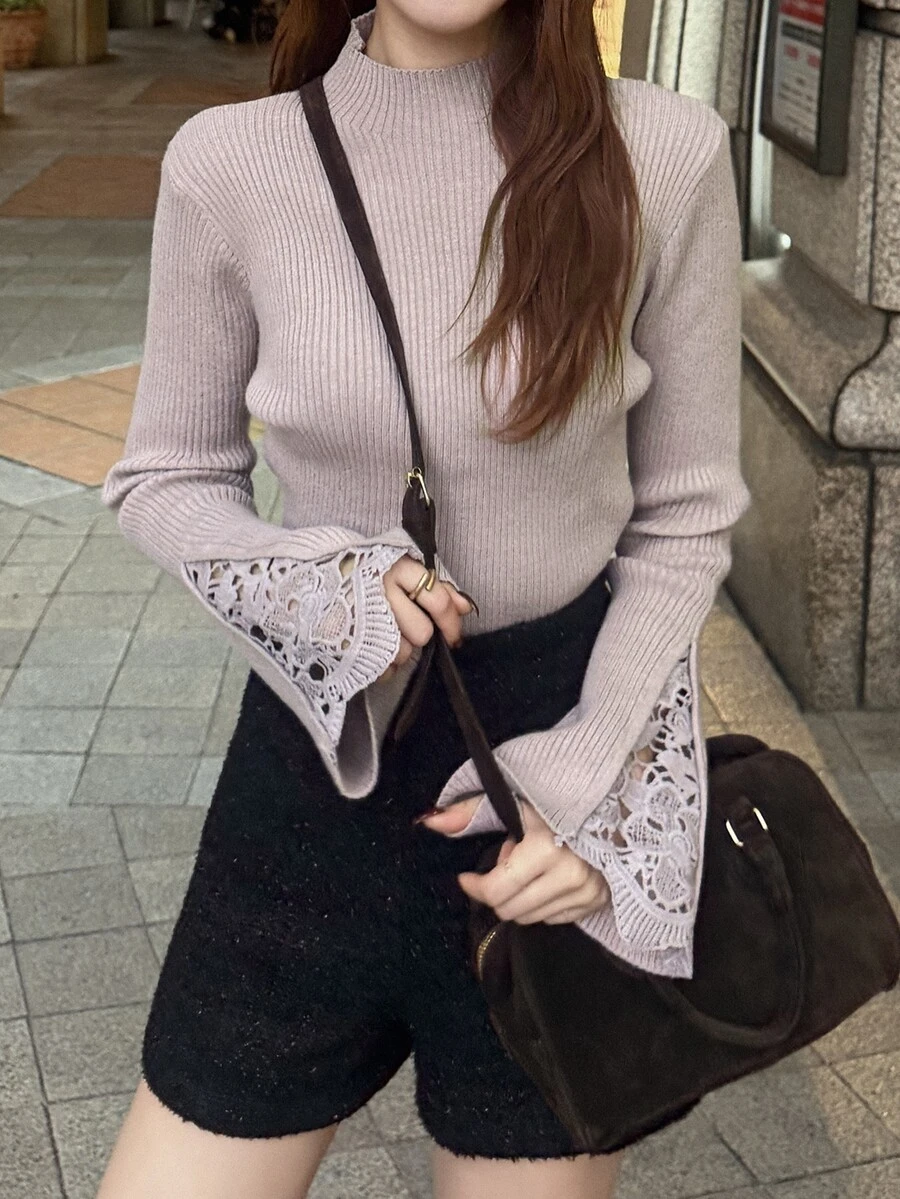 FRIFUL Women's Solid Color Stand Collar Contrast Lace Bell Sleeve Elegant Sweater - Grey - View 1