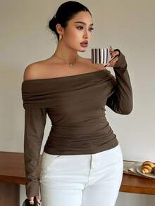 Livesso Off-Shoulder Ruched Long Sleeve Slim Fit Coffee Brown Solid Color Base Layer T-Shirt - Brown - View 1
