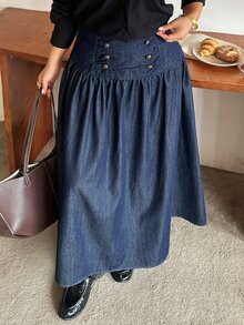 Dazy Plus Double-Breasted Design Long Loose Elegant Denim Skirt - Dark Wash - View 6