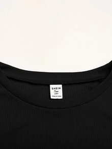 SHEIN Teen Girls Black Ribbed Knit Top And Casual Vintage Sweatpants 2 Pieces Set, Spring/Autumn - Black - View 4