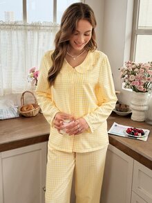 Snug Reverie French Fresh Yellow & White Plaid Lace Peter Pan Collar Long Sleeve Pajama Set - Yellow - View 3