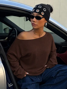 SHEIN EZwear 深棕色露肩寬鬆休閒長袖運動衫 34%棉 - 棕色 - 查看 5