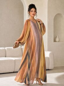 DAZY Gaun Maxi Kasual Lengan Panjang Berkerah V Longgar Motif Garis-garis untuk Liburan Musim Semi dan Gugur, Cocok untuk Ibu Hamil - Khaki - View 6