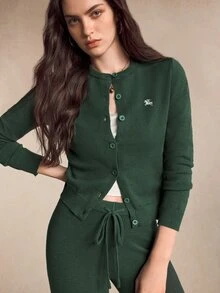 BizChic Women's Embroidered Button Sweater And Drawstring Waist Knit Pants 2 Pieces Set - Dark Green - View 5