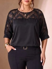 Cravure Plus Size Round Neck 3/4 Sleeve Short Sleeve Gold Foil Fabric Patchwork Contrast Color Woven Fabric Cuff Raglan Sleeve Casual Pullover Shirt For Outing, Vacation, Commute And Party - Black - View 1