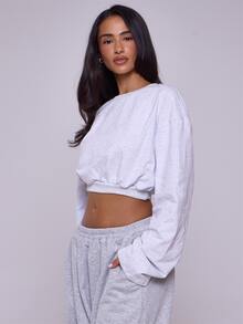 MUSERA ESSENTIALS Grey Jersey Cropped Cinched Waist Sweatshirt Autumn Winter Fall Casual Loungewear Everyday - Light Grey - View 3