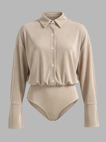 Cévolie Plus Size Shiny Premium Draping Women's Casual Daily Commute Versatile Lapel Long Sleeve Bodysuit - Khaki - View 4