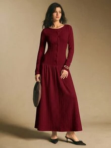 Poéselle 女款純色圓領長袖單排扣休閒優雅洋裝，適合早午餐，秋季穿搭 - 酒紅色 - 查看 6