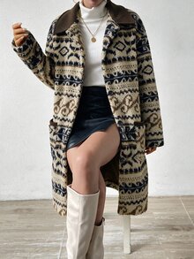 Ria Solene Patterned White Mid-Length Button-Up Women's Jacket - Multicolor - View 3