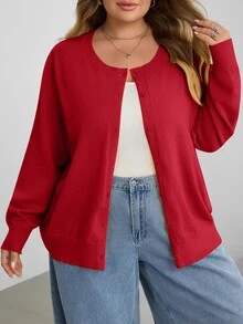 SHEIN CURVE+ 大尺碼女款休閒純色圓領長袖寬鬆剪裁冬季上衣 - 紅色 - 查看 4