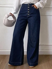 Dazy Plus Quần jean dài ống rộng suông rộng dáng lỏng nhiều nút, mài rách phong cách vintage, mặc quanh năm mùa thu - Rửa tối - Xem 1
