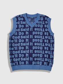 ROMWE MEN Men's English Letter Jacquard Knit Vest - Blue - View 1