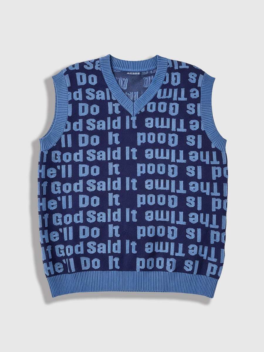 ROMWE MEN Men's English Letter Jacquard Knit Vest - Blue - View 1