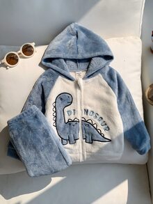 SHEIN Baby Boy Autumn/Winter Plush Blue Dinosaur Outfit Suitable For Holidays, Halloween, Christmas - Baby Blue - View 3