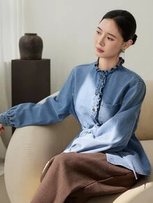 Dazy-Less Autumn Cotton Medium Wash Blue Lapel Collar Button Pocket Decor Washed Loose Long Sleeve Women's Denim Top - Medium Wash - View 6