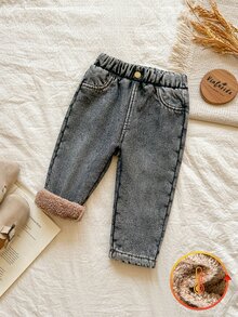 Vintaside Kids 1件男嬰款刷毛內裡丹寧牛仔褲，學院風酸洗灰色羊羔絨內裡，鬆緊腰頭加厚戶外冬季度假寬鬆牛仔長褲 - 黑色 - 查看 1
