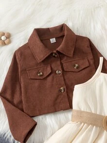 SHEIN 女童 2 件組生日套裝，棕色翻領長袖短款燈芯絨外套 + 杏色印花 A 字裙 - 咖啡棕 - 查看 3