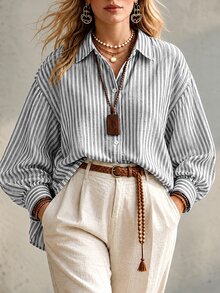 Ceyna Plus Striped Print Drop Shoulder Oversize Lantern Sleeve Shirt - Multicolor - View 7