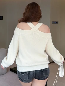 REIGN AVE Autumn/Winter Beige Cross Halter Neck Cold Shoulder Loose Elegant Date Party Sweater - Beige - View 2