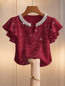 GlowEve CURVE Plus Size Faux Sequins Print Faux Pearls Notched Neckline Flutter Sleeve Blouse - Burgundy - View 1