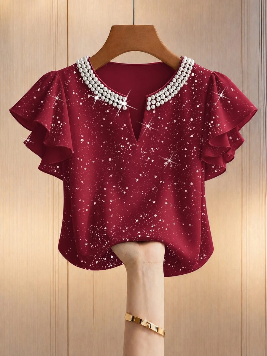 GlowEve CURVE Plus Size Faux Sequins Print Faux Pearls Notched Neckline Flutter Sleeve Blouse - Burgundy - View 1