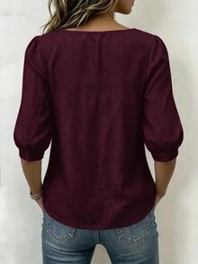 SHEIN LUNE 女款編織休閒優雅波希米亞風日常夏季襯衫，適合花園派對與早午餐，焦橙色 - 酒紅色 - 查看 2