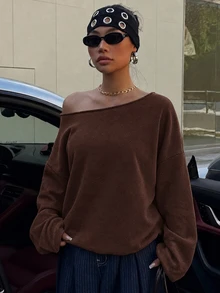 SHEIN EZwear 深棕色露肩寬鬆休閒長袖運動衫 34%棉 - 棕色 - 查看 7