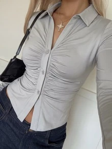 SHEIN EZwear 1件女款白色針織修身長袖T恤，適合約會與日常穿著，秋季休閒優雅風 - 淺灰色 - 查看 5