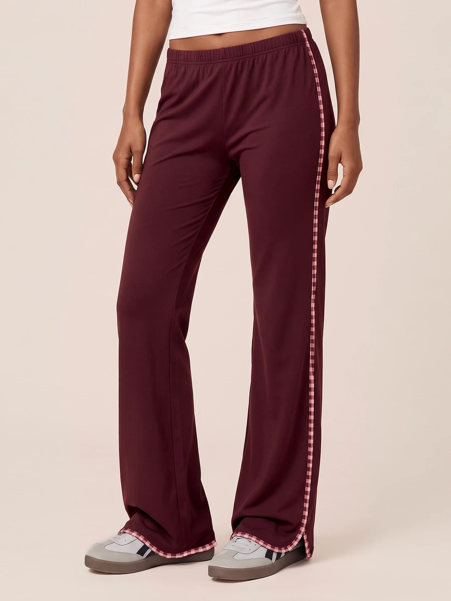 SHEIN BAE Women's Colorblock Casual Daily Travel Sports Long Pants - Burgundy - View 1