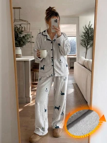 Livesso Women's Cartoon Animal Long Sleeve Single-Breasted Top And Pants Pajama Set - Grey - View 5