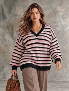 Ceyna Women's Pullover Sweater, New Autumn/Winter Knit Striped Color Block - Multicolor - View 3