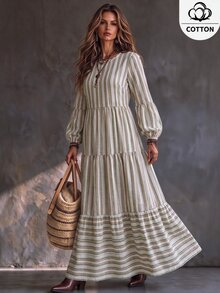Ceyna Plus Size Cotton Vertical Striped Cake Dress, Color Block Round Neck Lantern Long Sleeve Multi-Layer Patchwork Ruffle Hem, Loose Fit Comfortable Casual Slouchy For Daily Wear, Shopping, Travel And Home - Multicolor - View 1