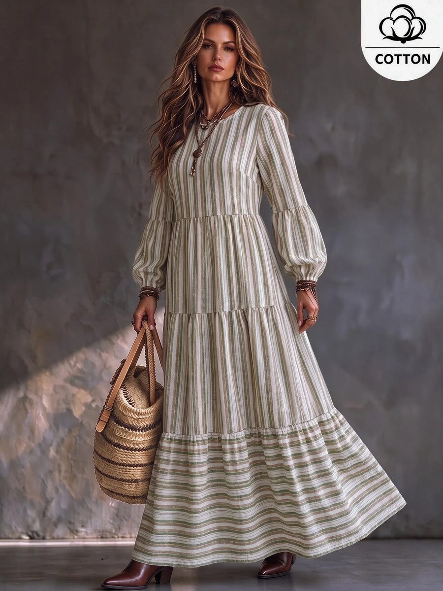 Ceyna Plus Size Cotton Vertical Striped Cake Dress, Color Block Round Neck Lantern Long Sleeve Multi-Layer Patchwork Ruffle Hem, Loose Fit Comfortable Casual Slouchy For Daily Wear, Shopping, Travel And Home - Multicolor - View 1