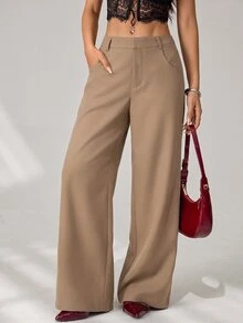 SHEIN PETITE 女款素色休閒百搭日常穿著長褲 - 卡其色 - 查看 4