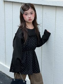 Dazy Kids Girls' Black Patchwork Polka Dot Top, Autumn T-Shirt With Ruffle Waist, Elastic New Style - Black - View 4
